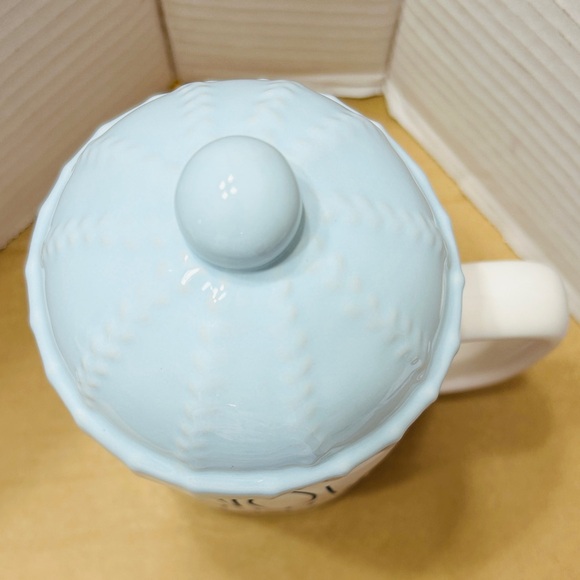 Rae Dunn mug with toboggan lid. White mug black letters, light blue top. - Picture 2 of 8